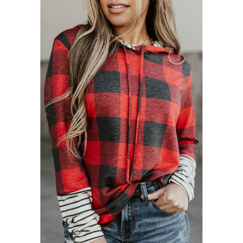 Joy & Kate Cherry Plaid Striped Patchwork Drawstring Hoodie NWOT